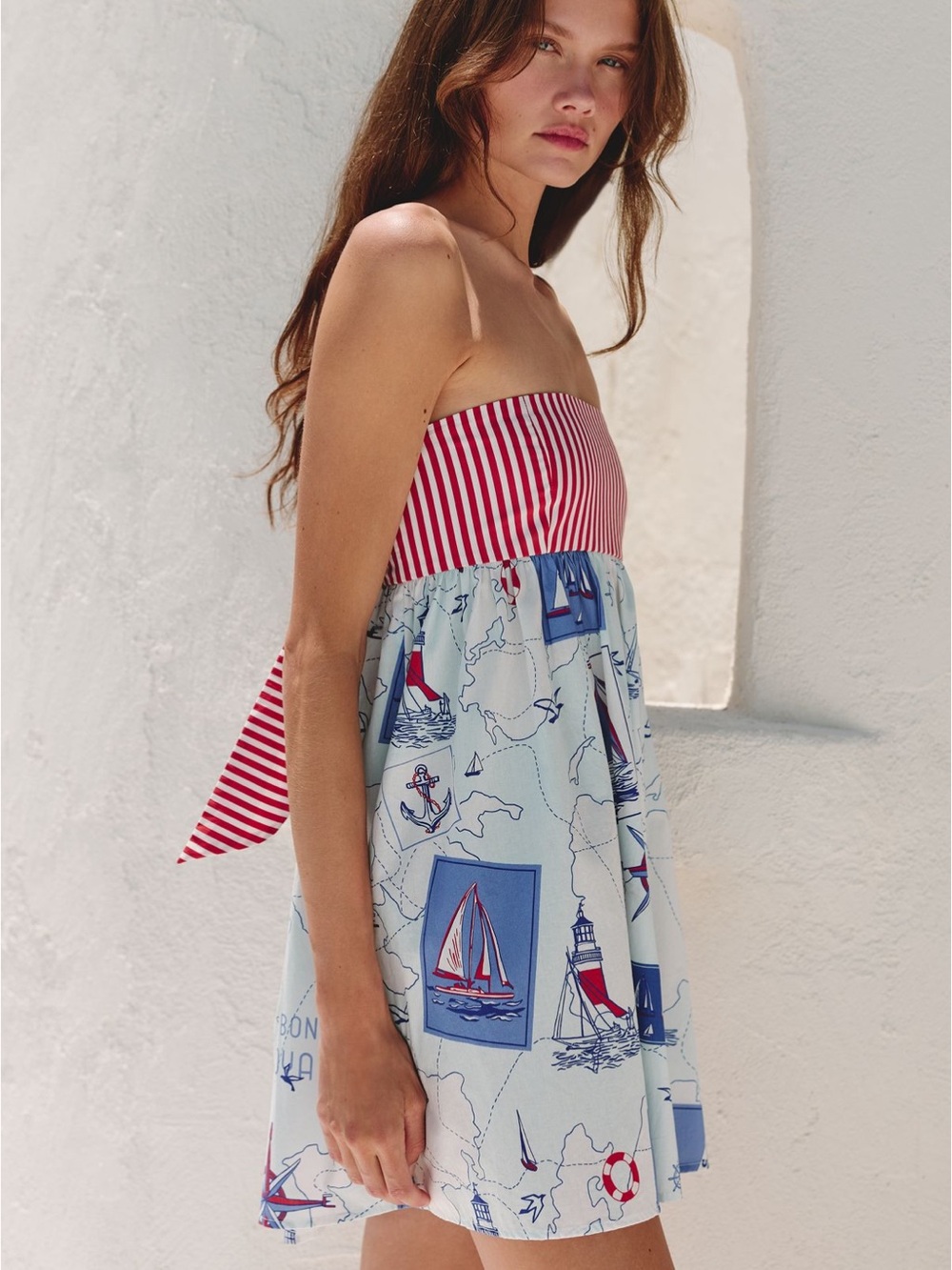 Striped Bandeau Sailboat Print Mini Dress - Red & Light Blue